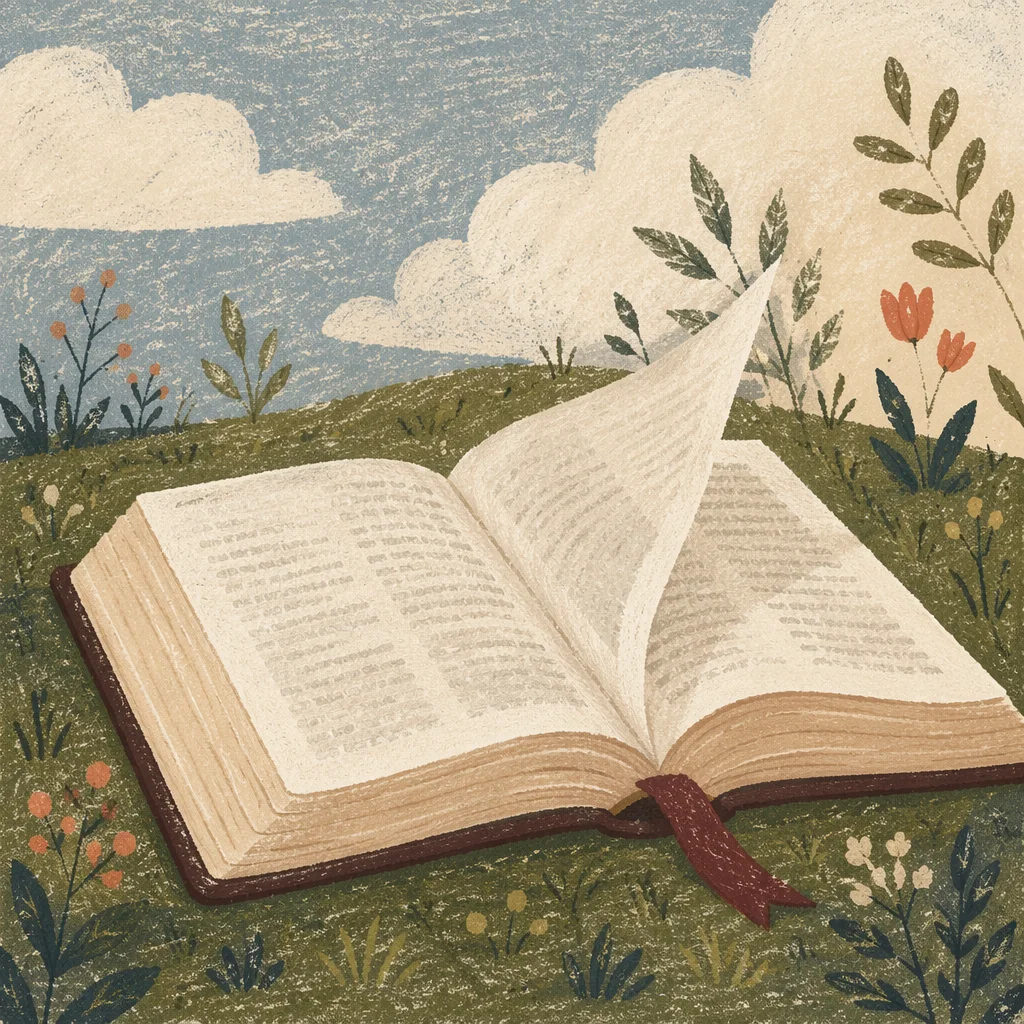 Open Bible Pages Turning on Evergreen Grass