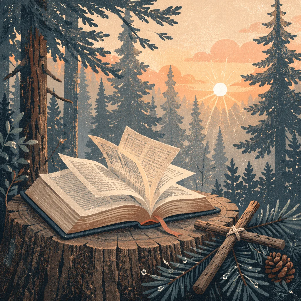 Open Bible Pages Turning in Evergreen Forest
