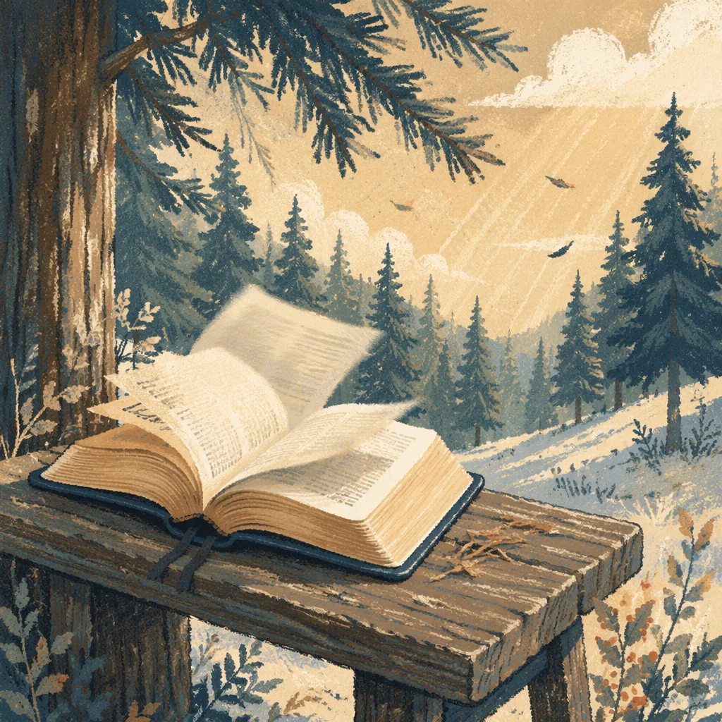 Open Bible Pages Turning in Evergreen Breeze