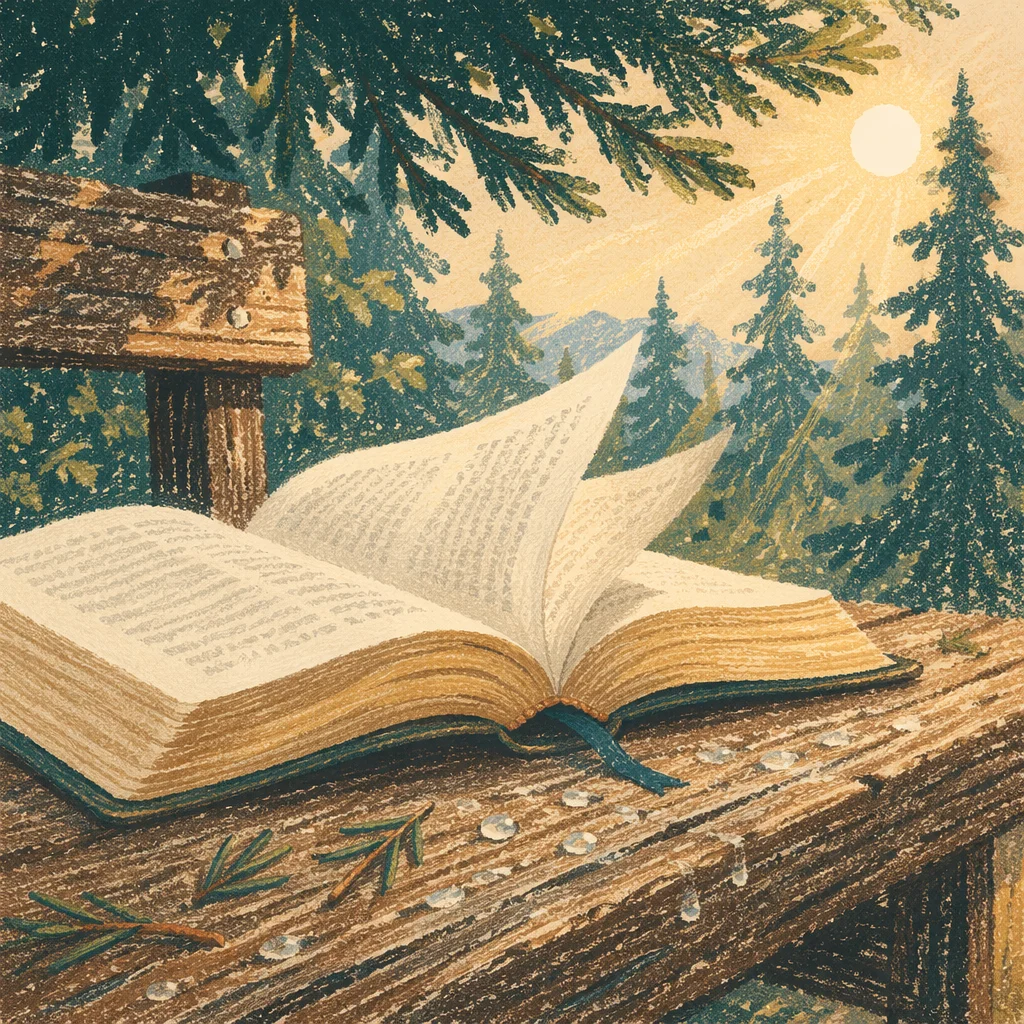 Open Bible Pages Turning Beneath Evergreens