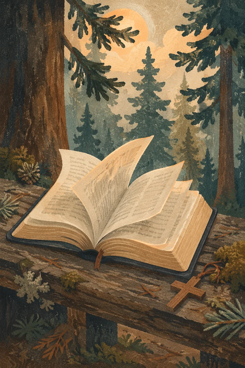 Open Bible Pages Turning in Evergreen Breeze
