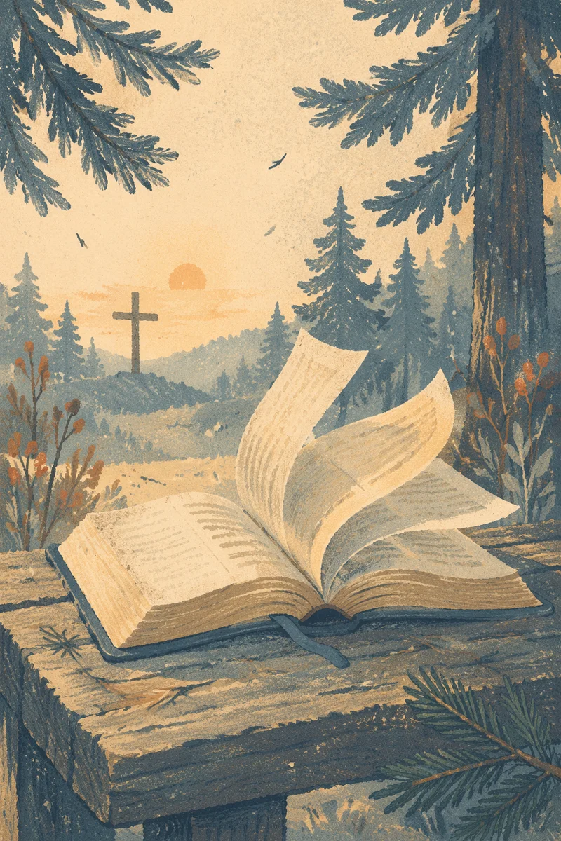 Open Bible Pages Turning in Evergreen Breeze