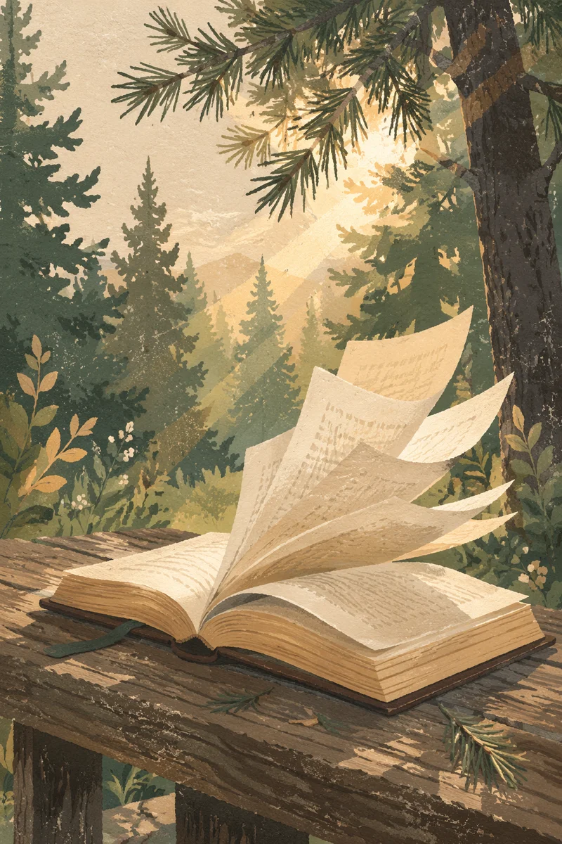 Open Bible Pages Turning in Evergreen Grove