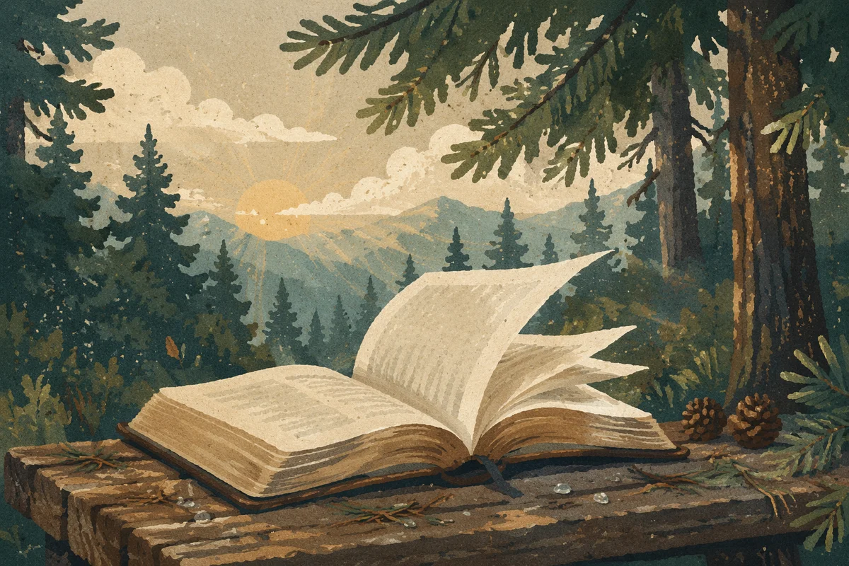Open Bible Pages Turning in Evergreen Breeze