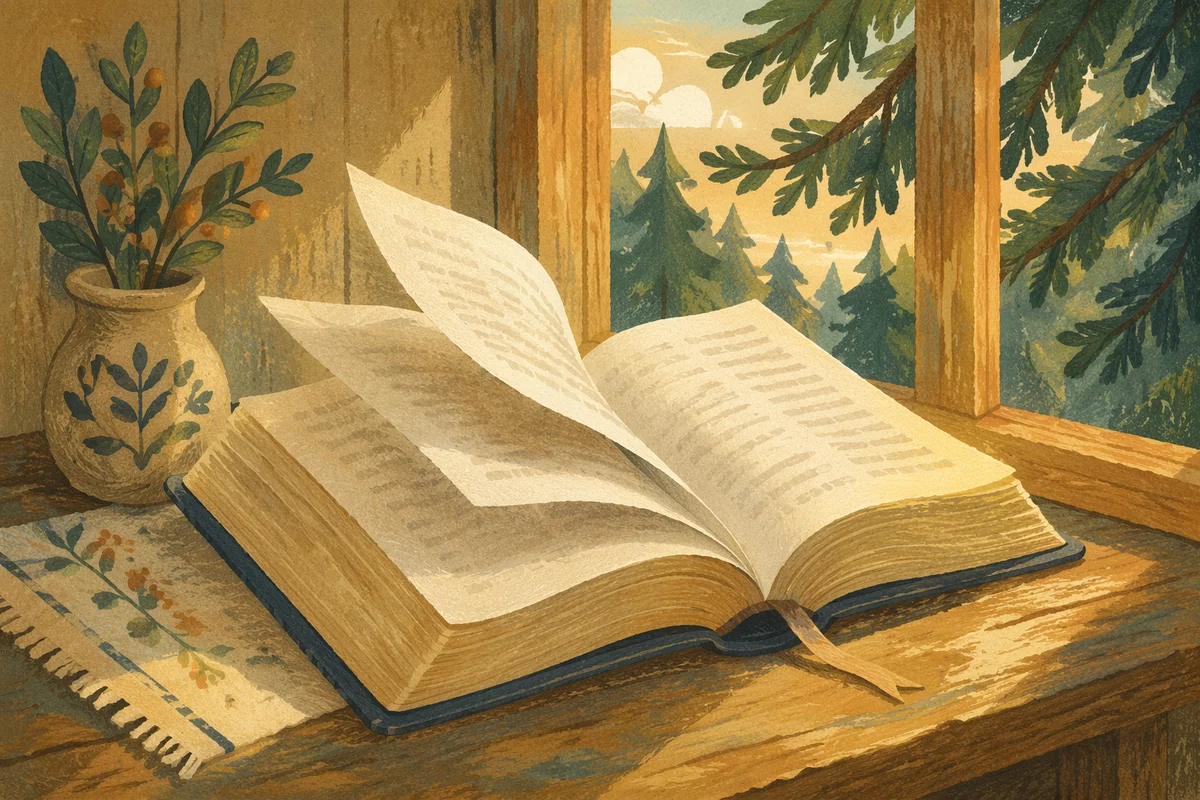 Open Bible Pages Turning by Evergreen Window