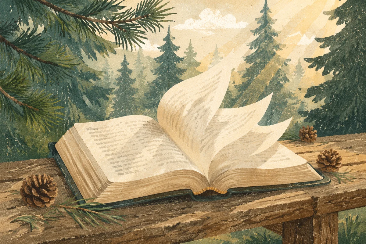 Open Bible Pages Turning in Evergreen Breeze