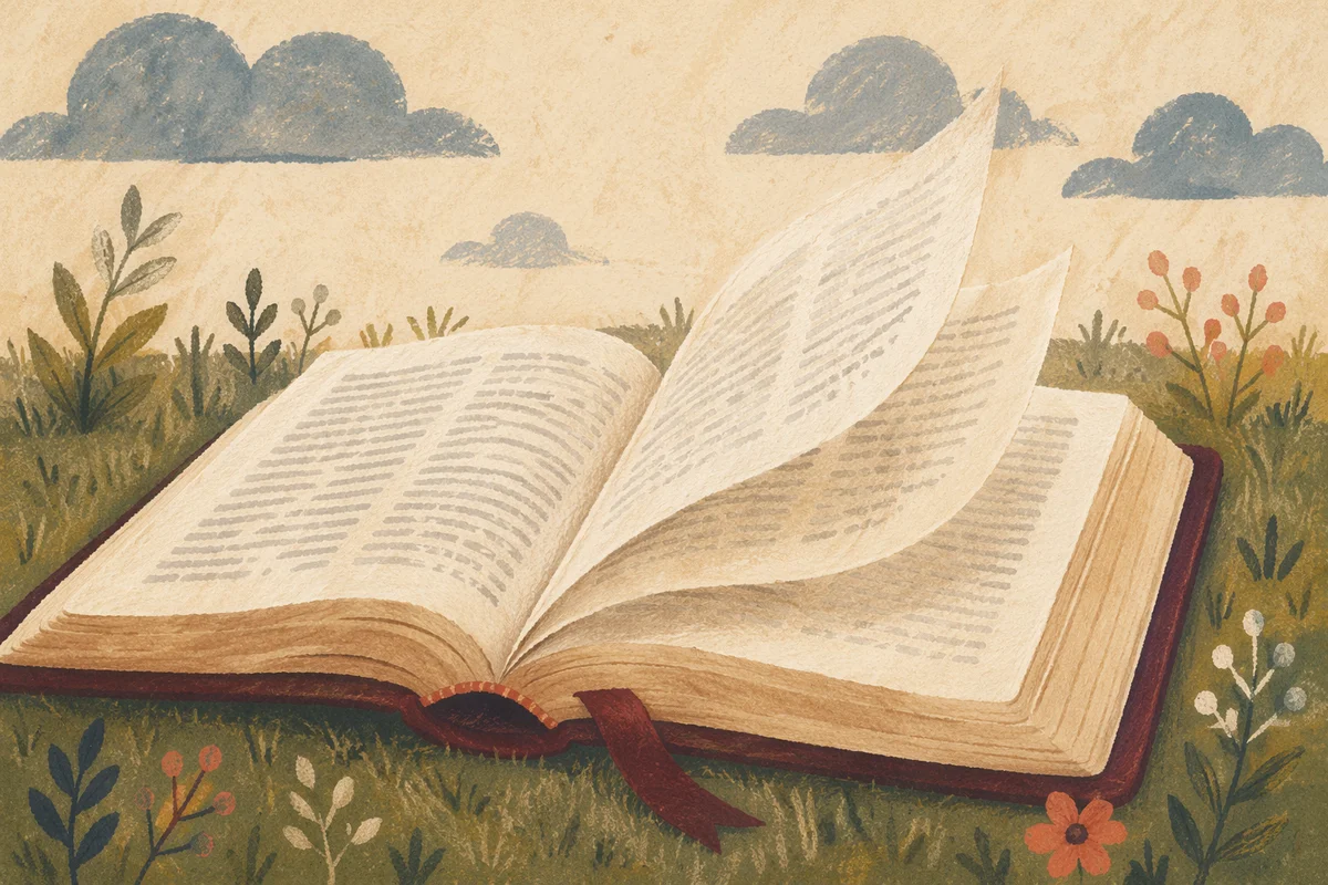 Open Bible Pages Turning on Evergreen Grass