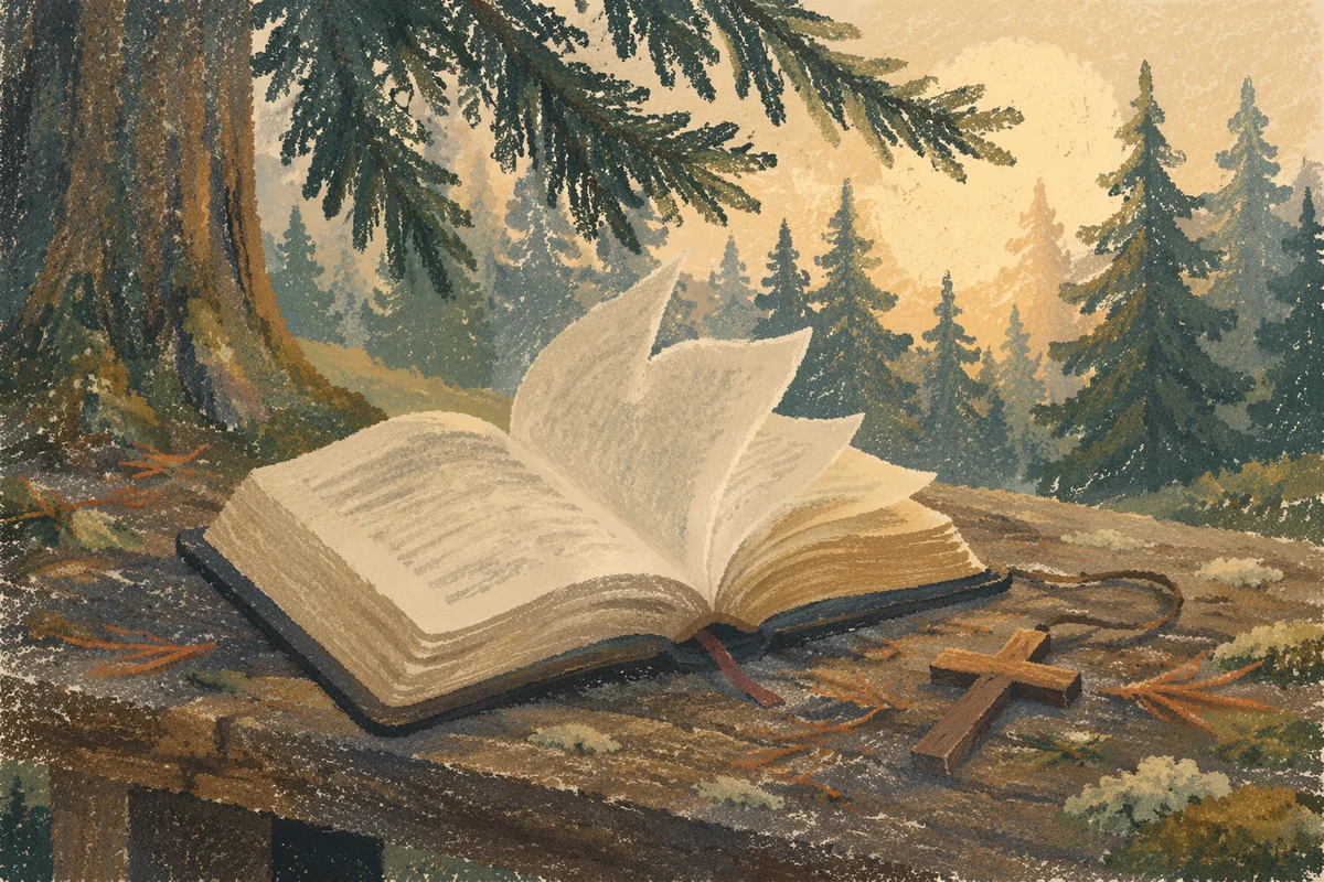 Open Bible Pages in Forest Breeze
