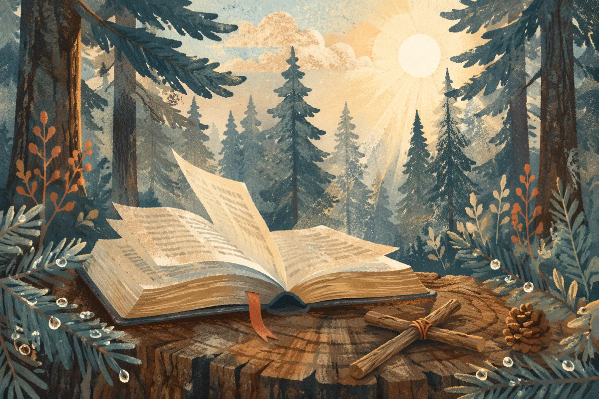 Open Bible in Evergreen Morning Breeze