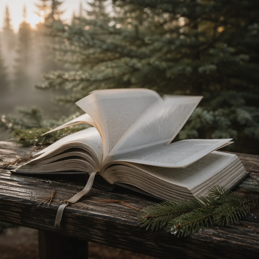Open Bible Pages Turning in Morning Breeze
