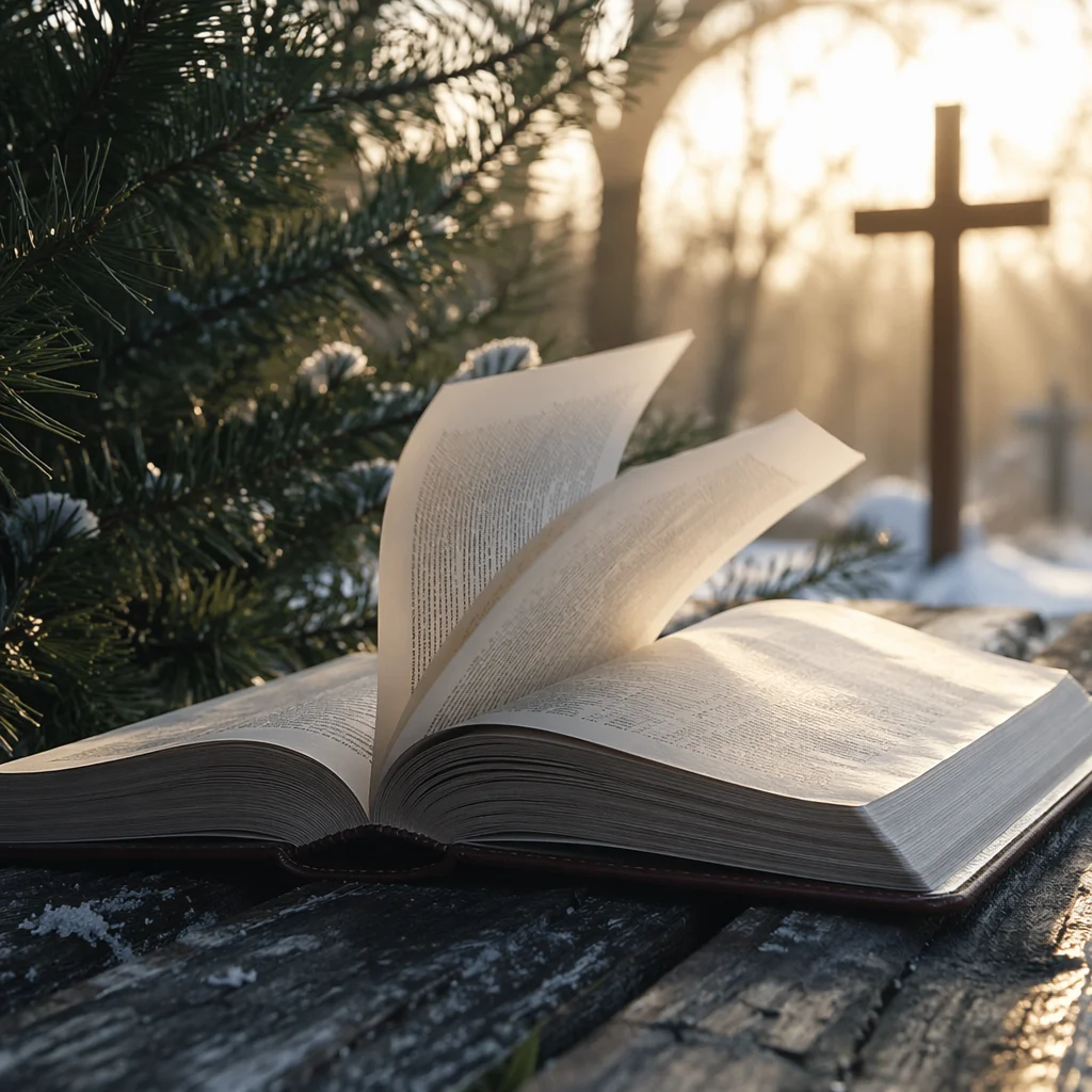 Open Bible Pages Turning in Winter Garden