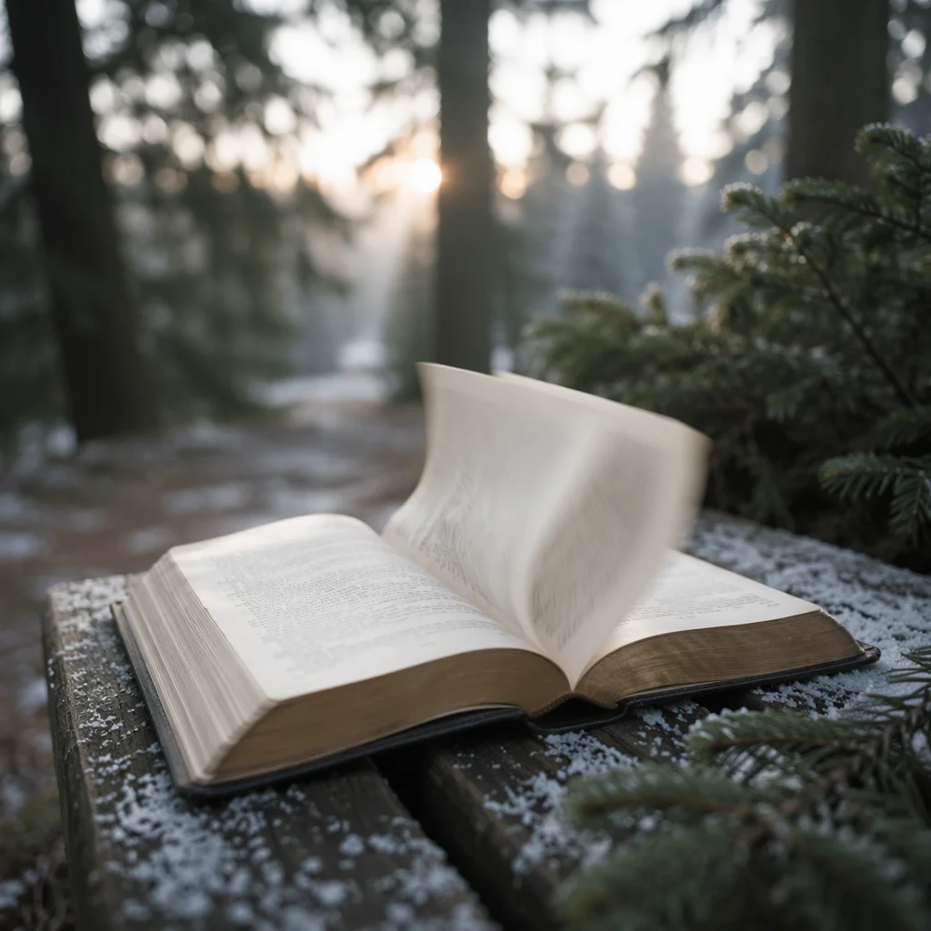 Open Bible Pages Turning in Evergreen Breeze