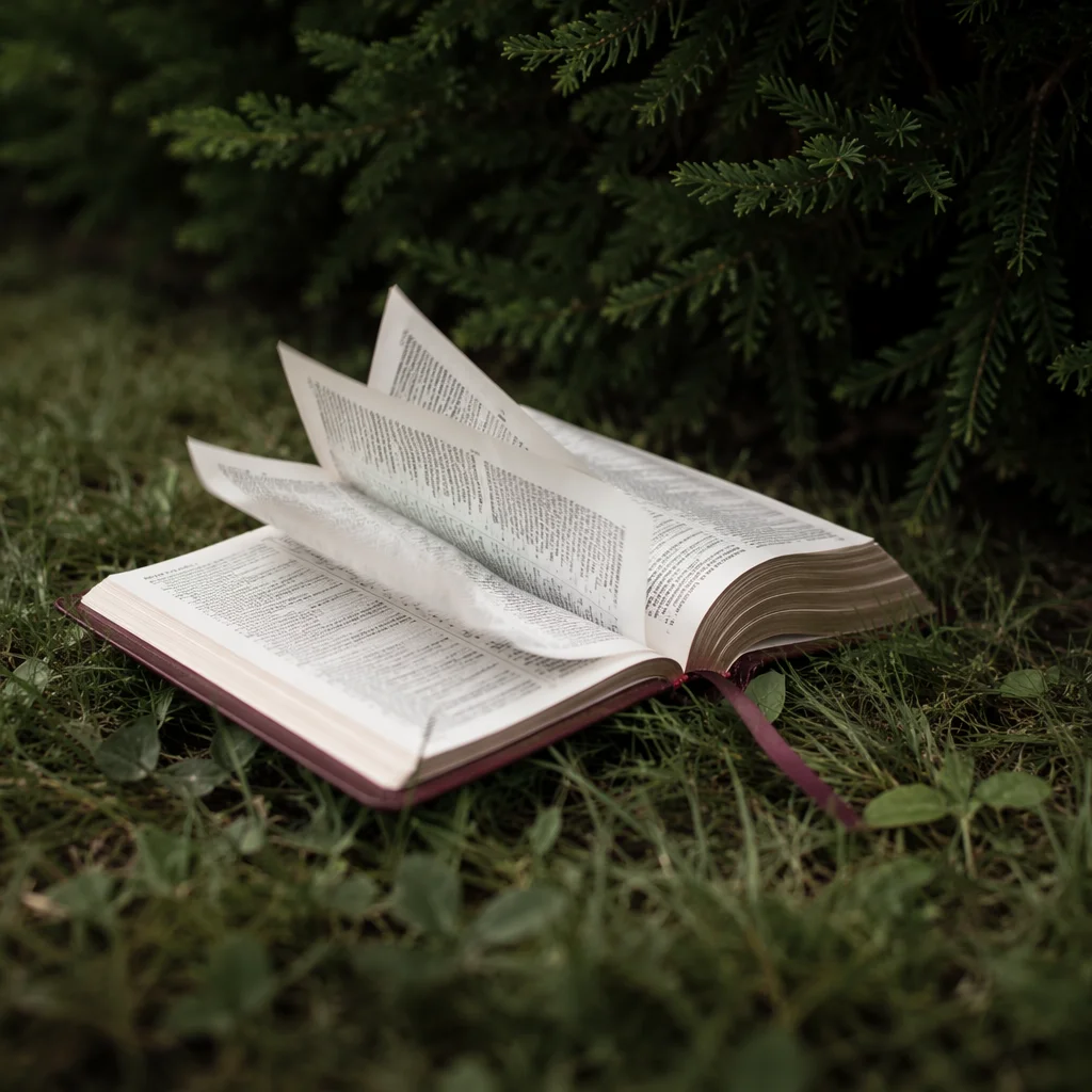 Open Bible Pages Turning in Evergreen Breeze
