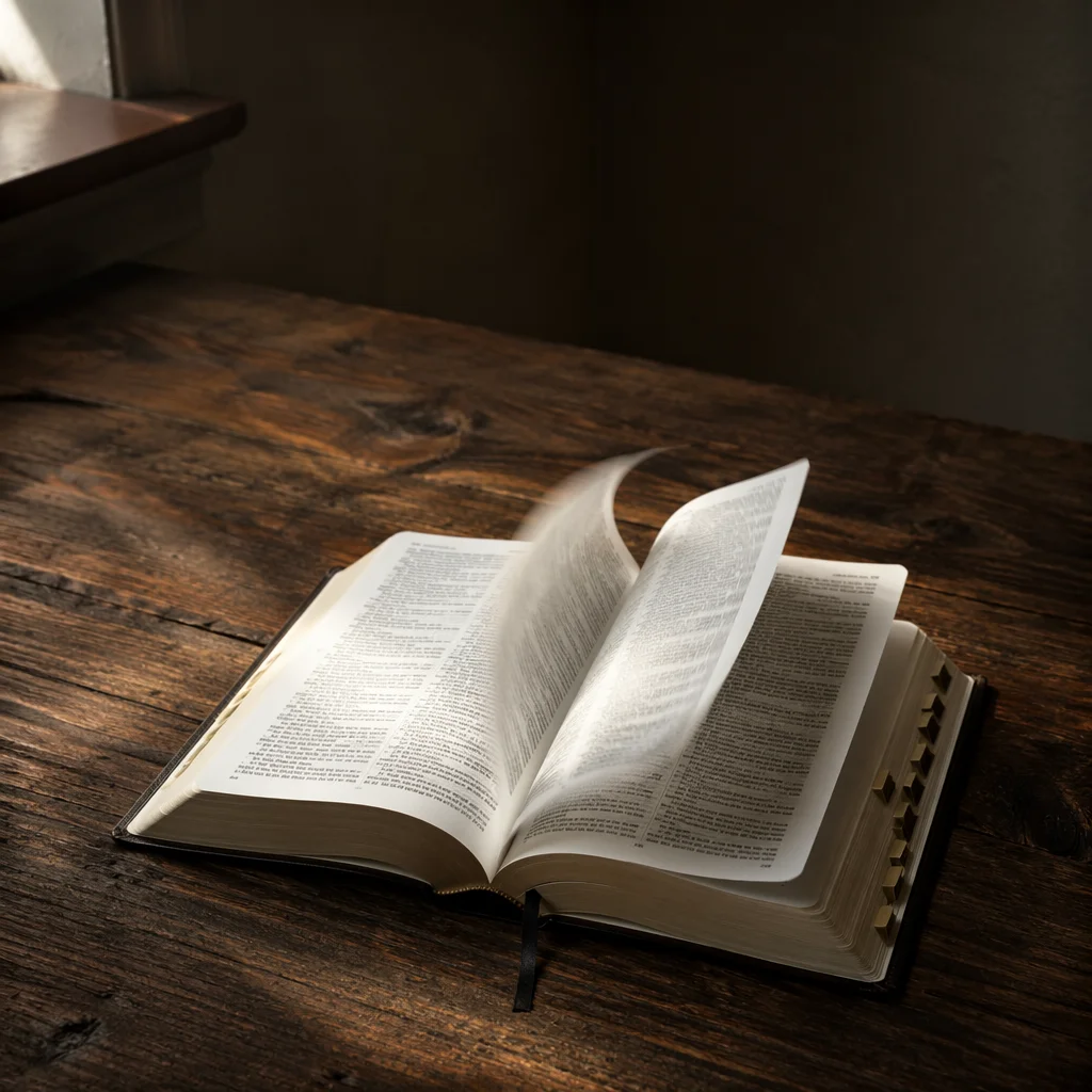 Open Bible Pages Turning in Warm Light