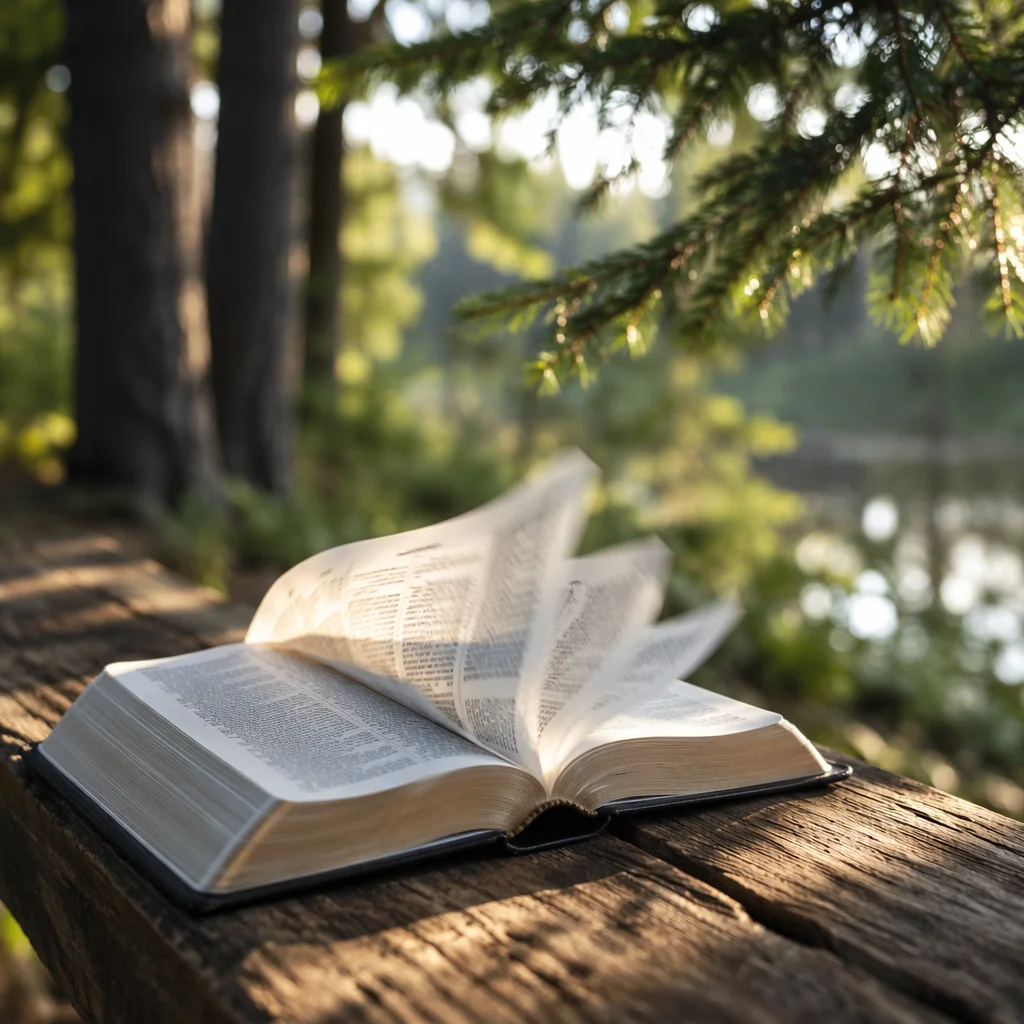 Open Bible Pages Turning in Evergreen Breeze