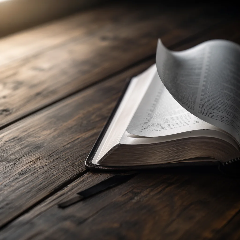 Open Bible Pages Turning in Soft Wind