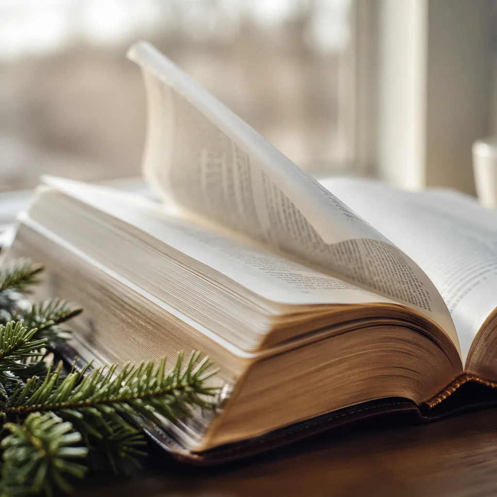 Open Bible Pages Turning in Morning Breeze