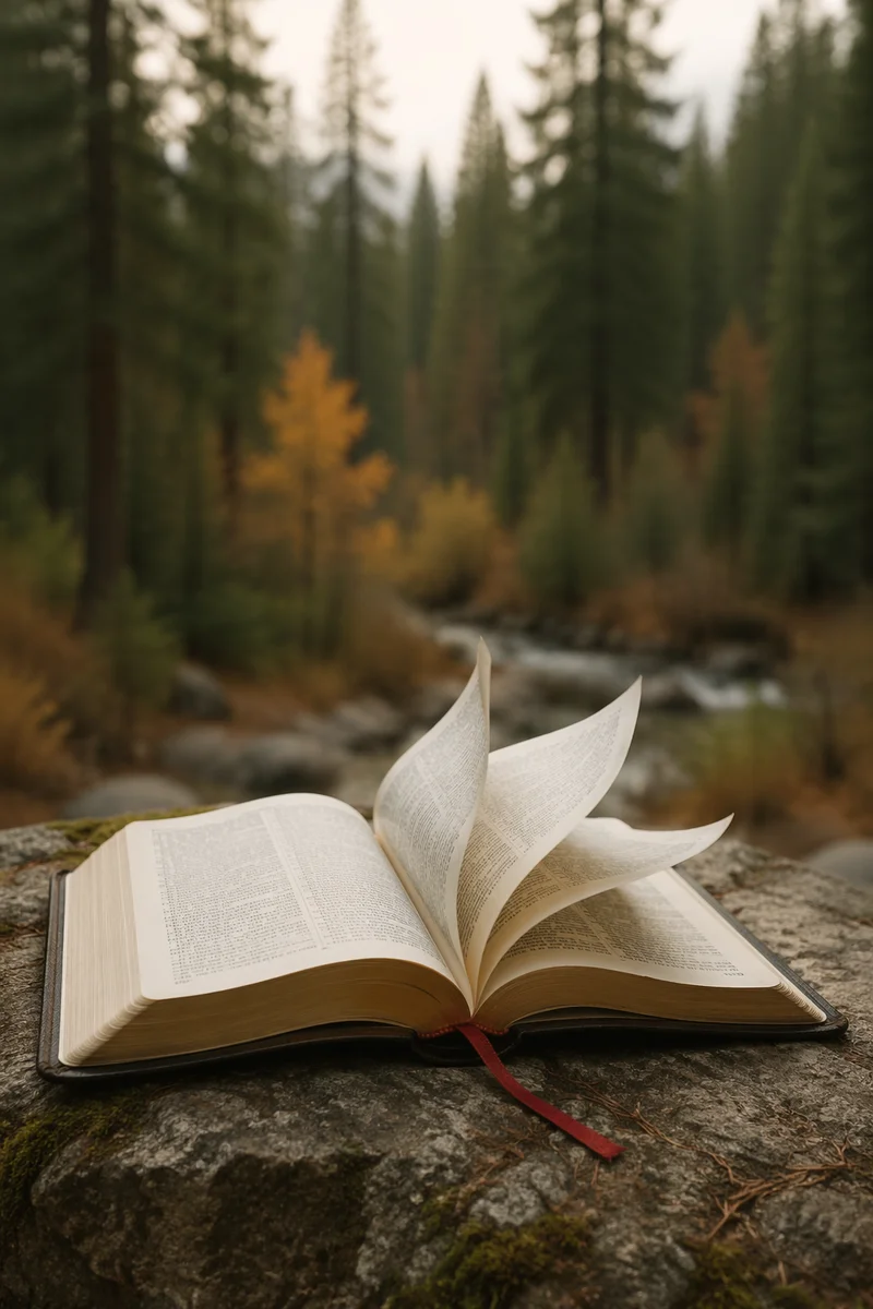 Open Bible Pages Turning in Evergreen Breeze