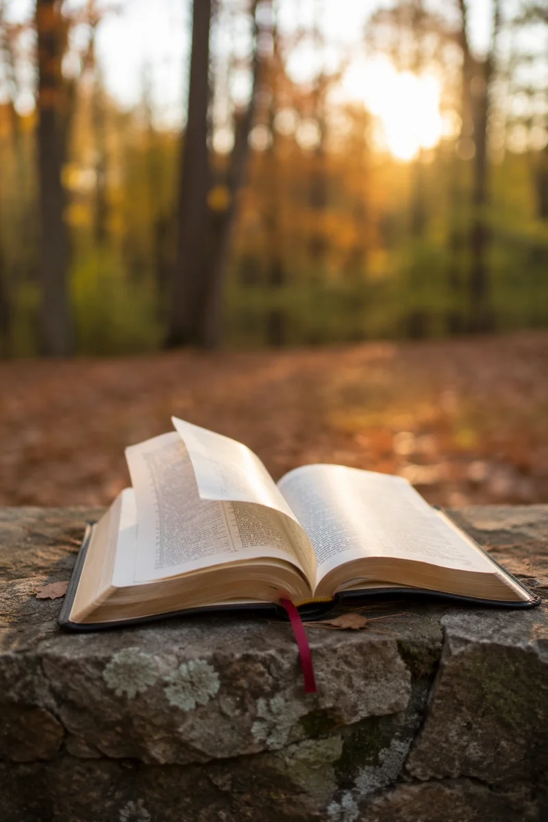 Open Bible Pages in Autumn Breeze