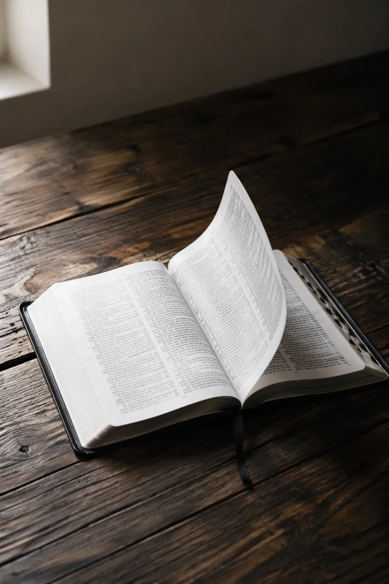 Open Bible Page Turning in Gentle Breeze