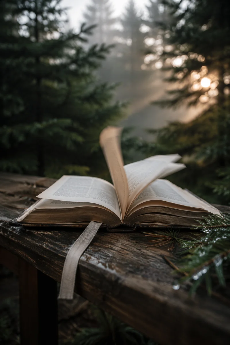 Open Bible Pages Turning in Evergreen Breeze