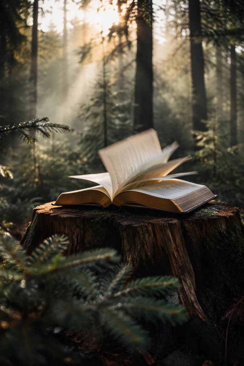 Open Bible Pages Turning in Evergreen Forest