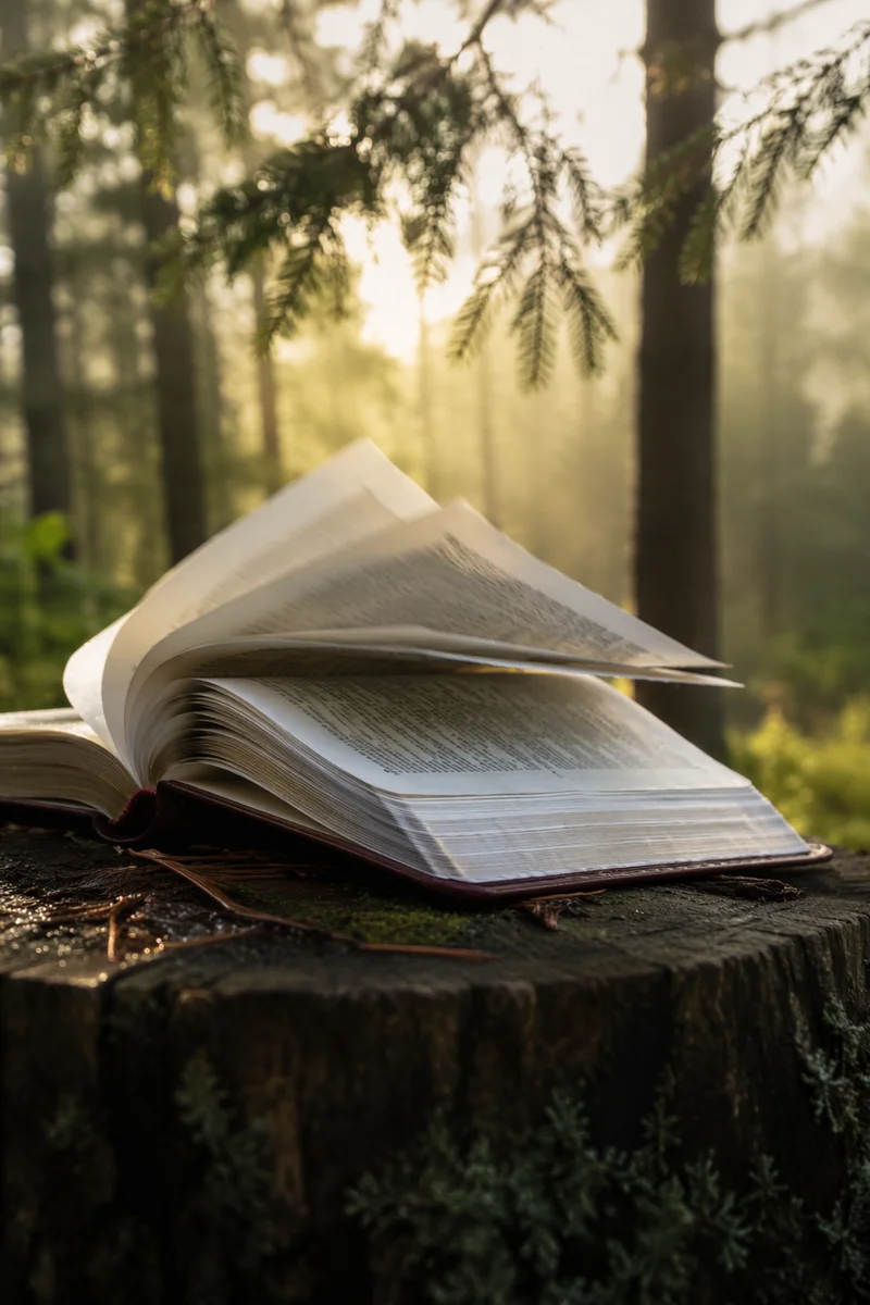 Open Bible Pages Turning in Evergreen Breeze