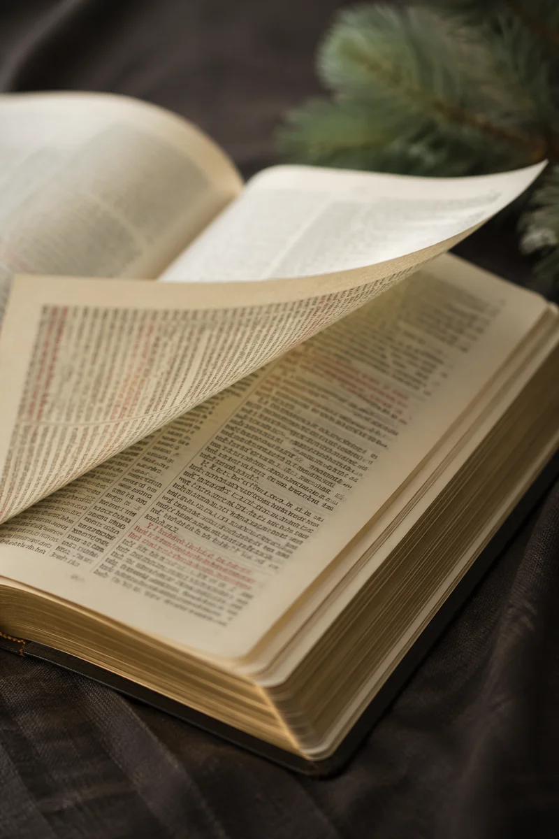 Open Bible Pages Turning in Evergreen Breeze