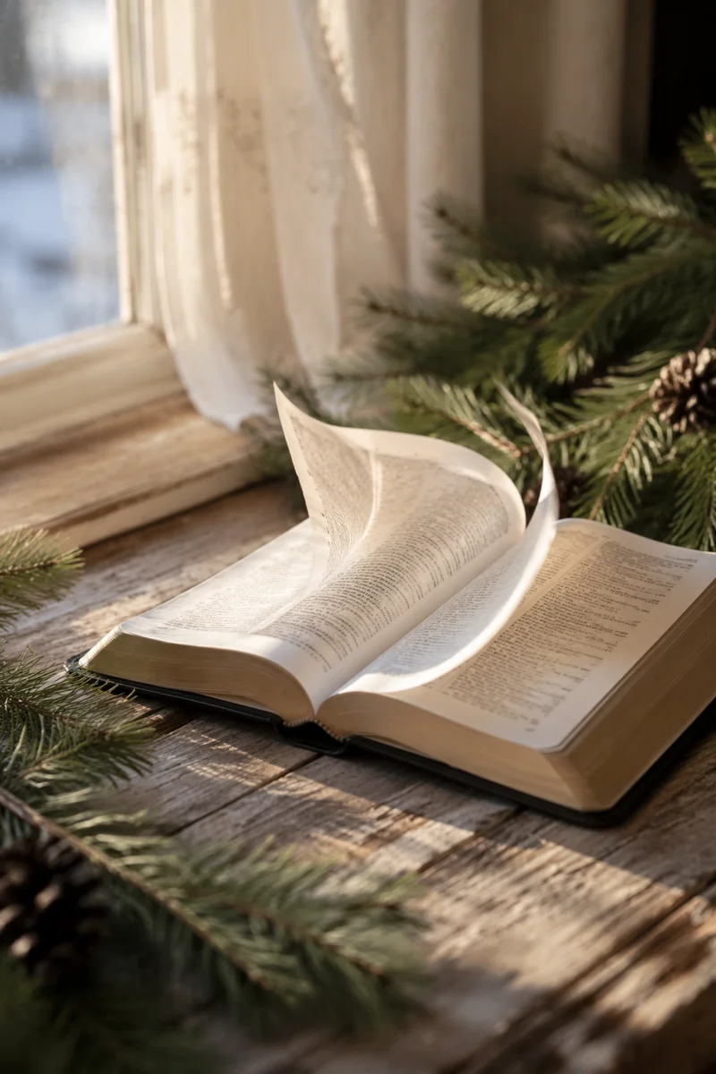 Open Bible with Turning Pages and Evergreen