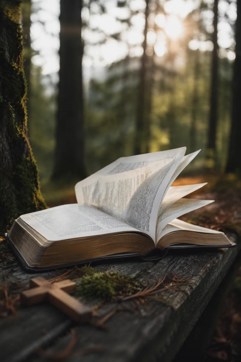 Open Bible Pages Turning in Evergreen Breeze