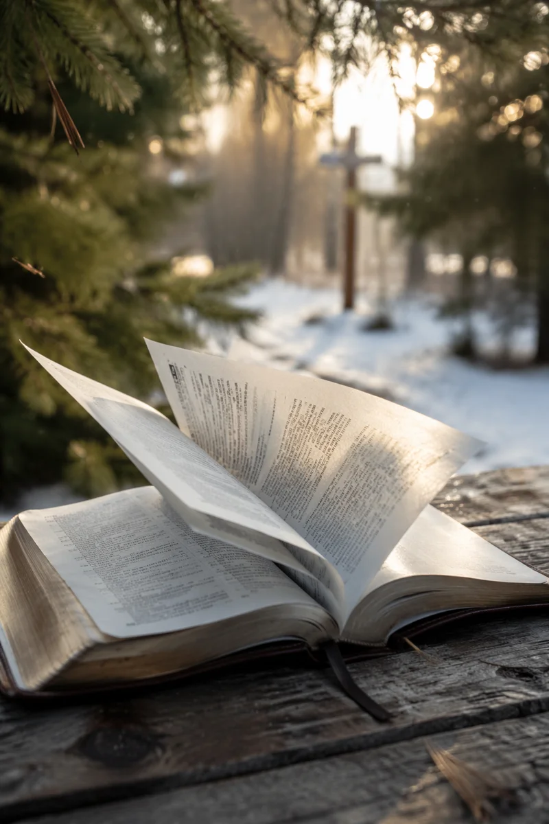 Open Bible Pages Turning in Evergreen Breeze