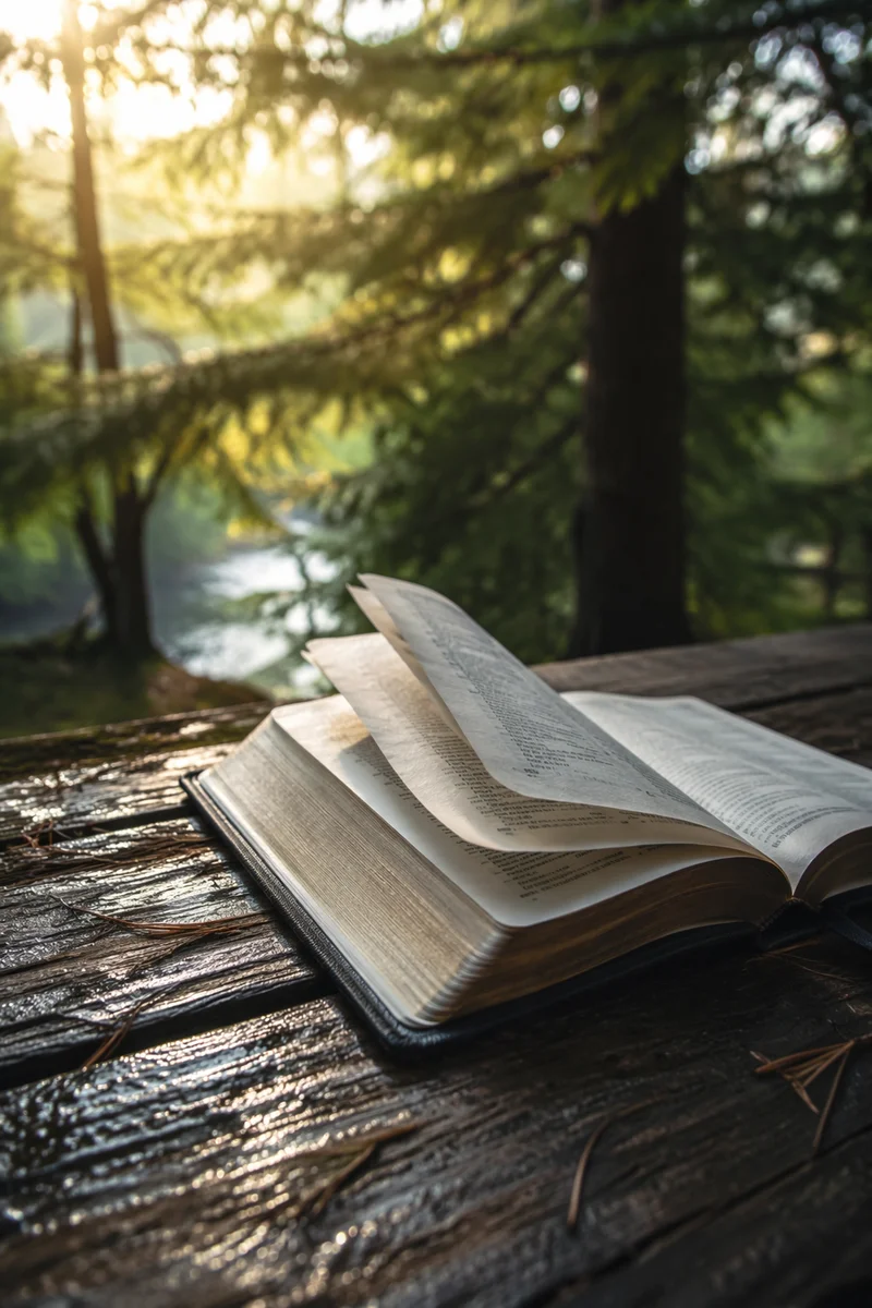 Open Bible Pages in Evergreen Morning Breeze