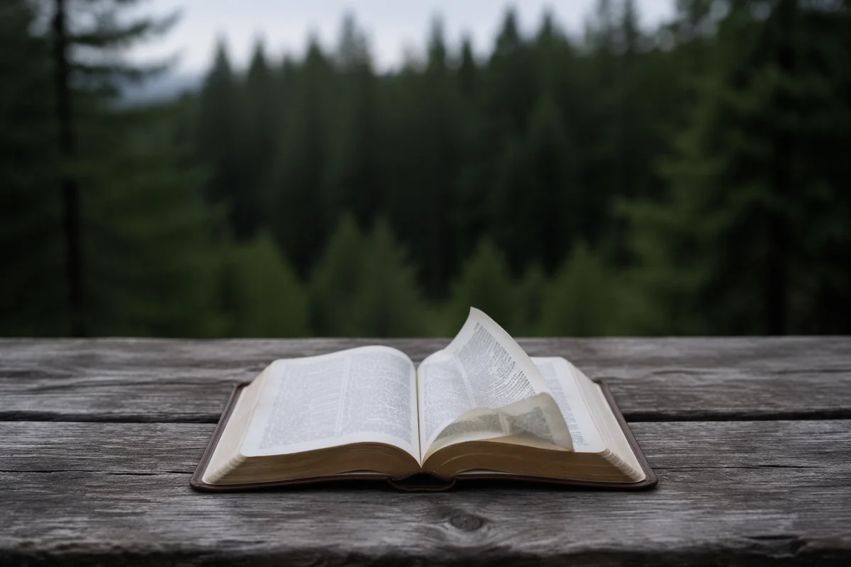 Open Bible Pages Turning in Evergreen Breeze