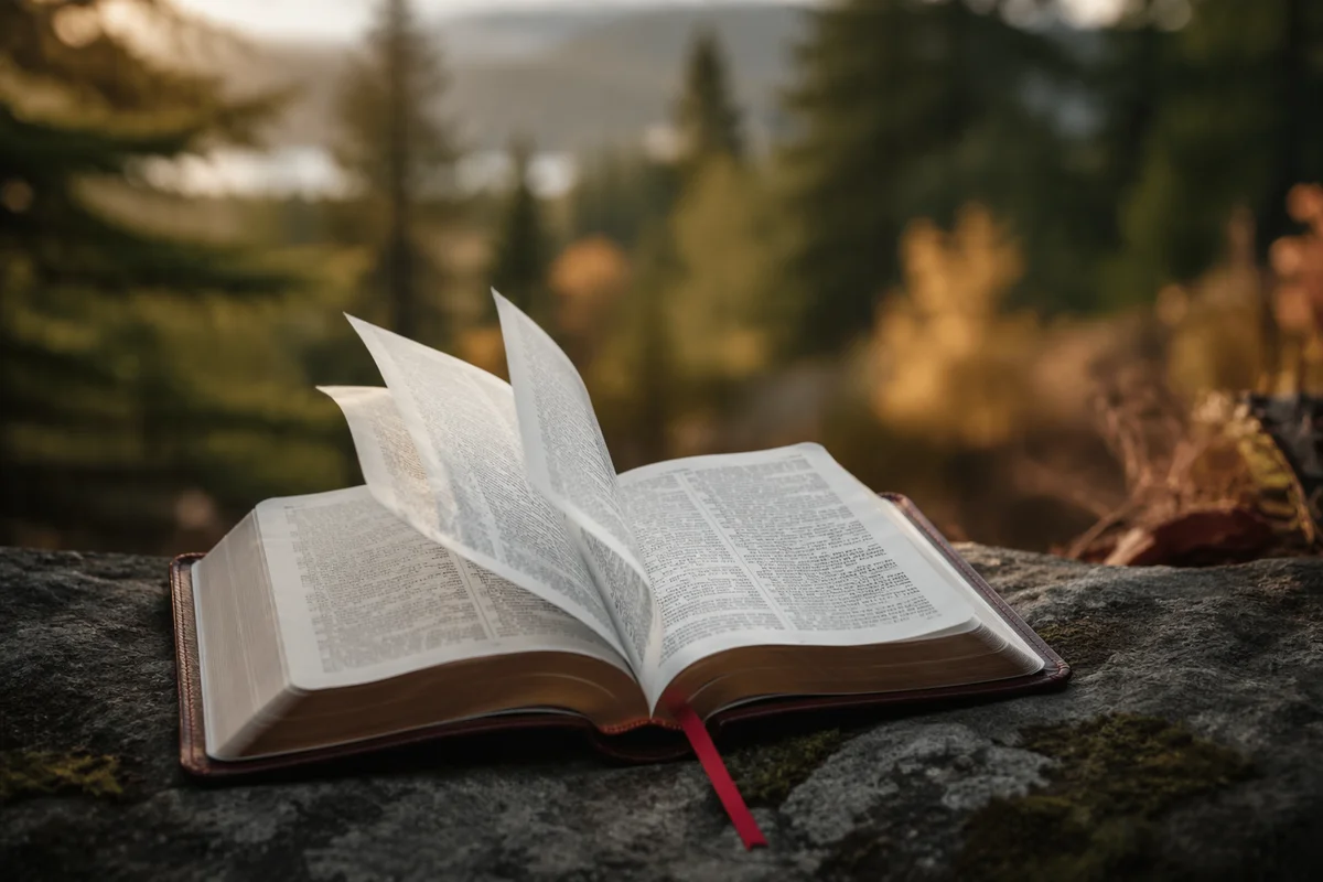 Open Bible Pages Turning in Evergreen Breeze