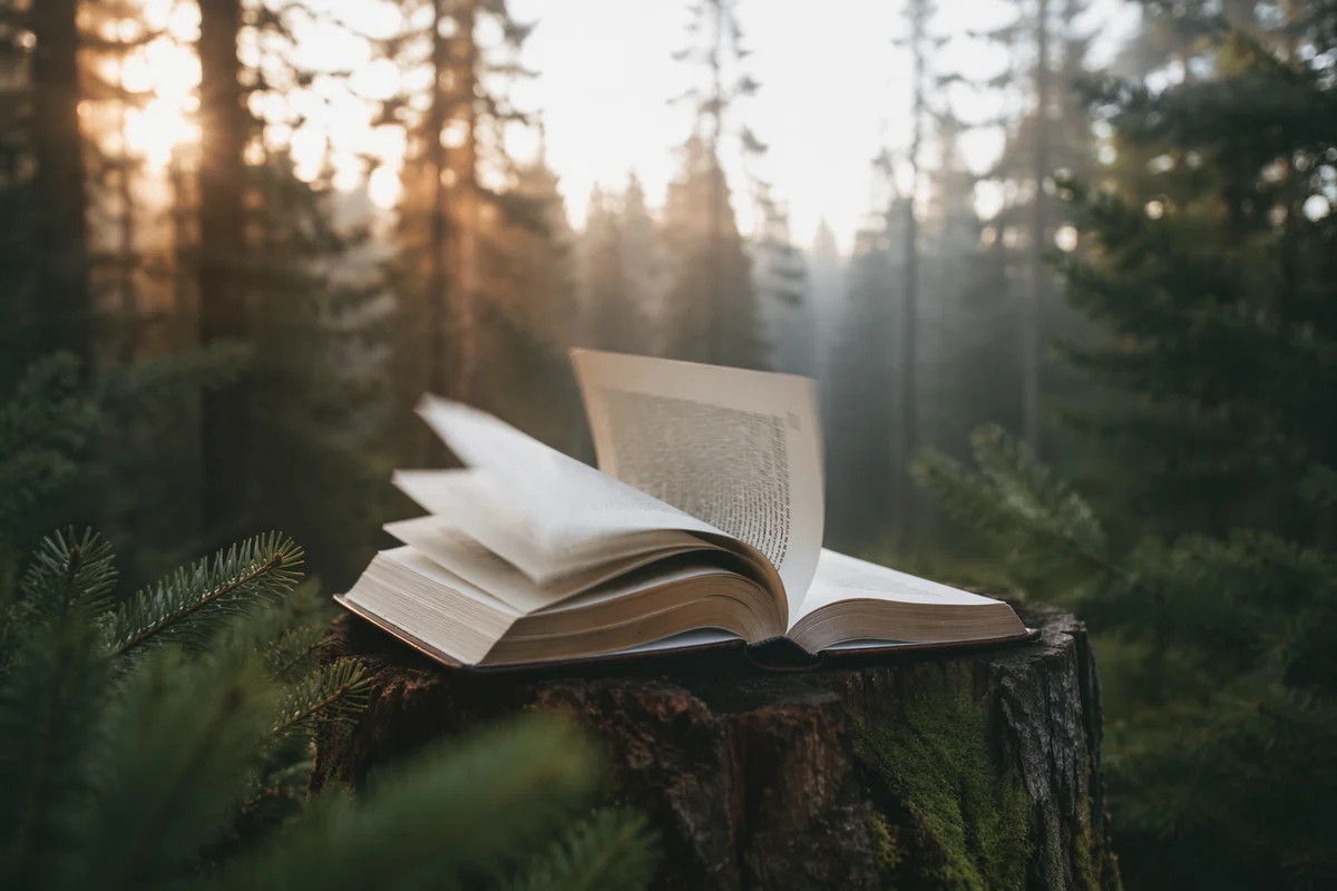 Open Bible Pages Turning in Evergreen Forest