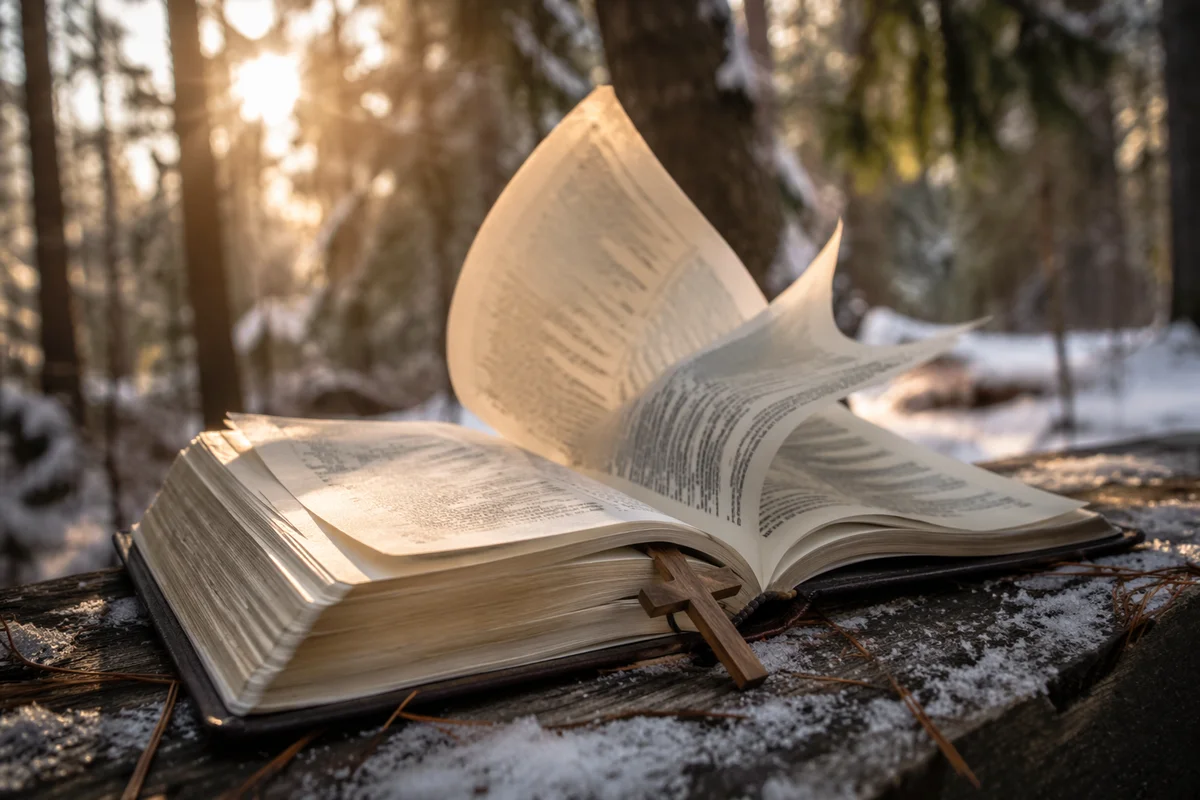Open Bible Pages Turning Beneath Evergreens