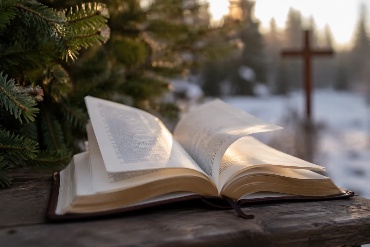 Open Bible Pages in Winter Garden Breeze