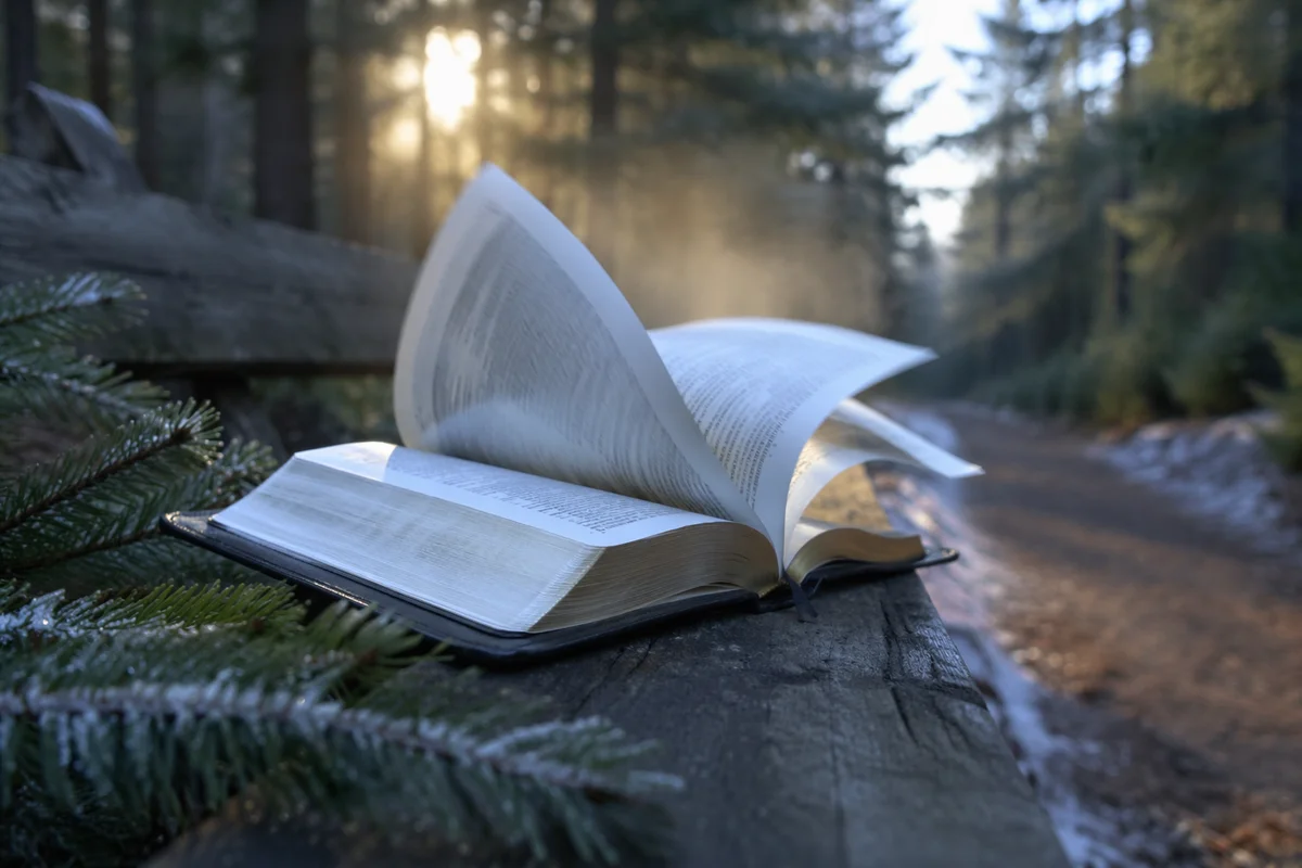 Open Bible Pages Turning in Evergreen Breeze
