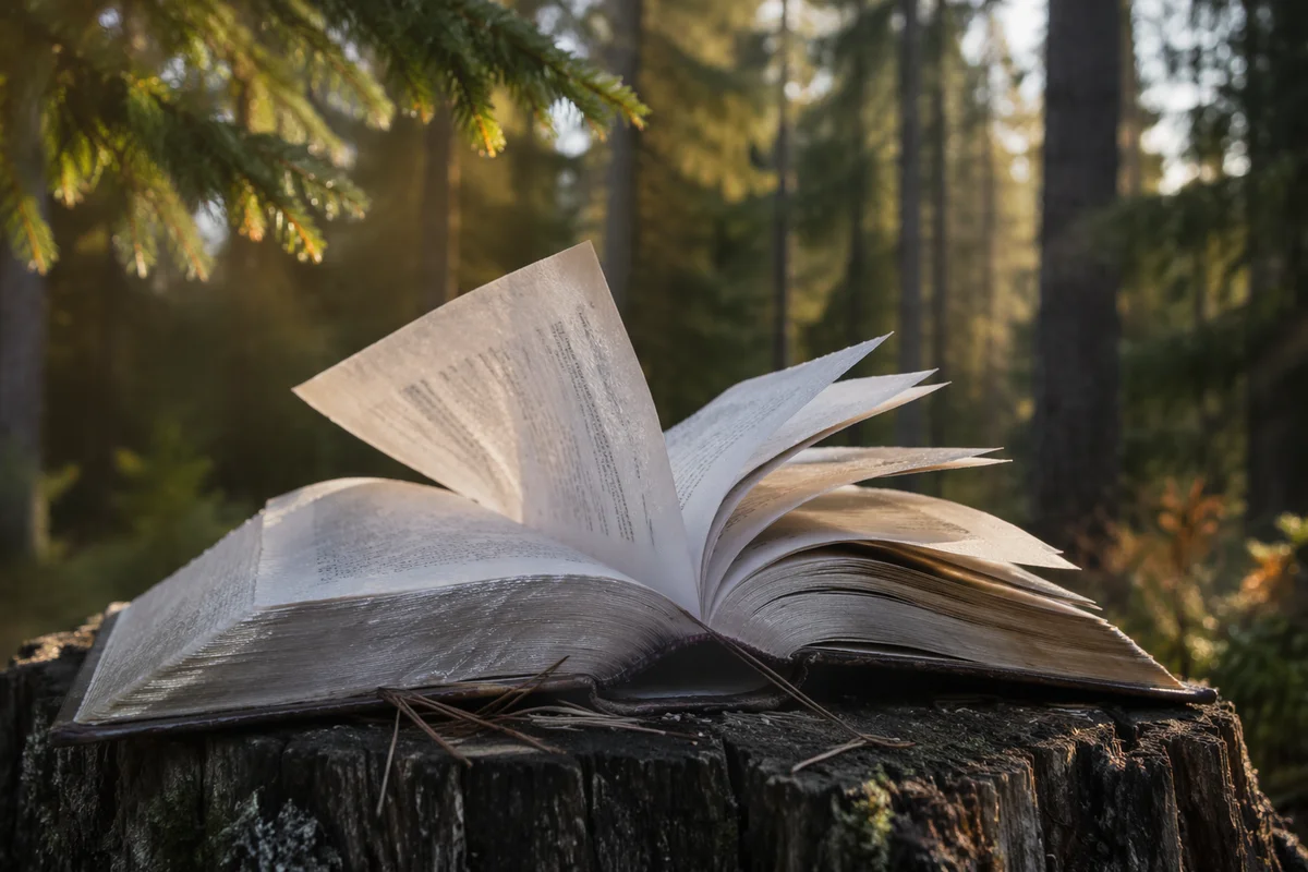 Open Bible Pages Turning in Evergreen Forest