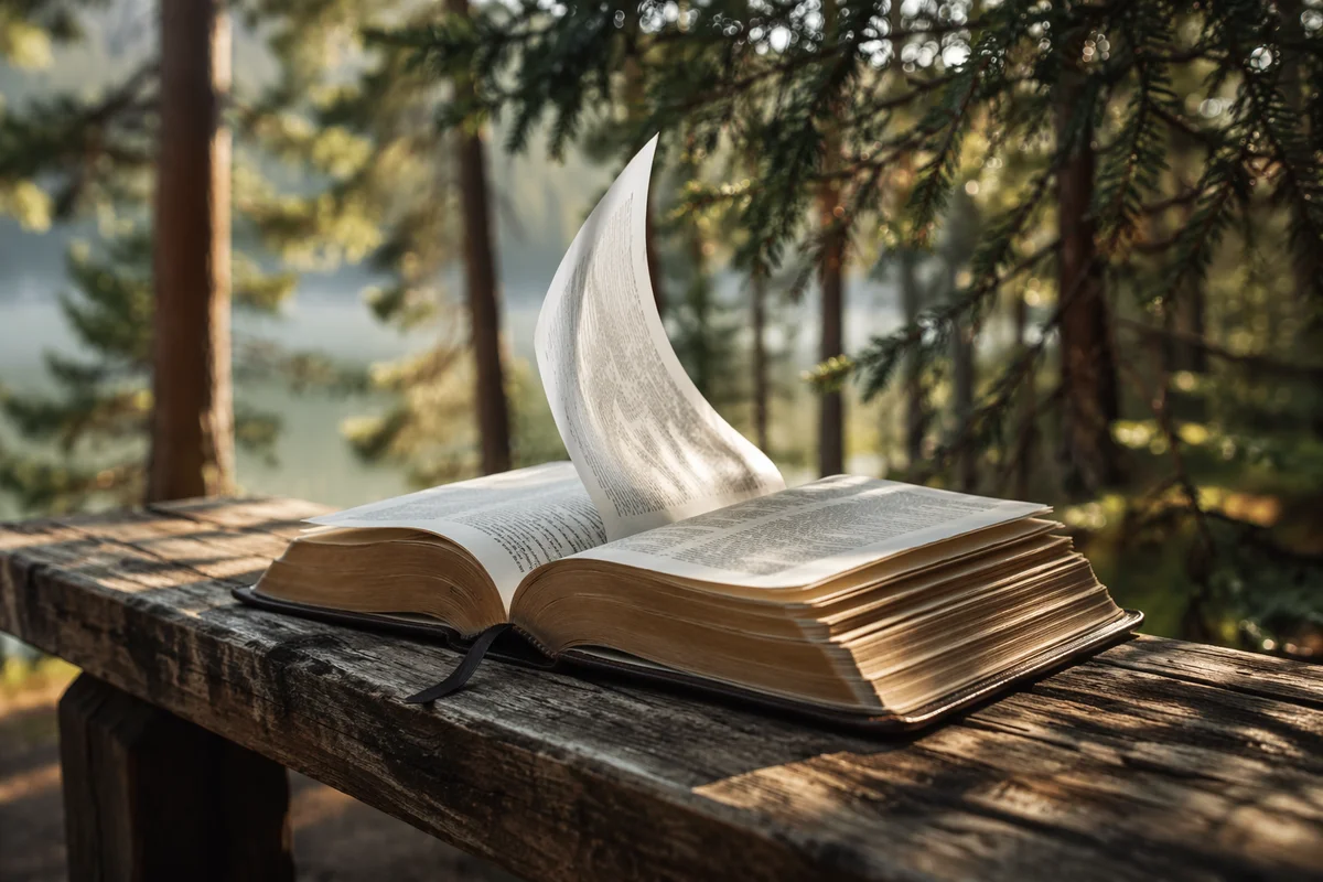 Open Bible Pages Turning in Forest Breeze