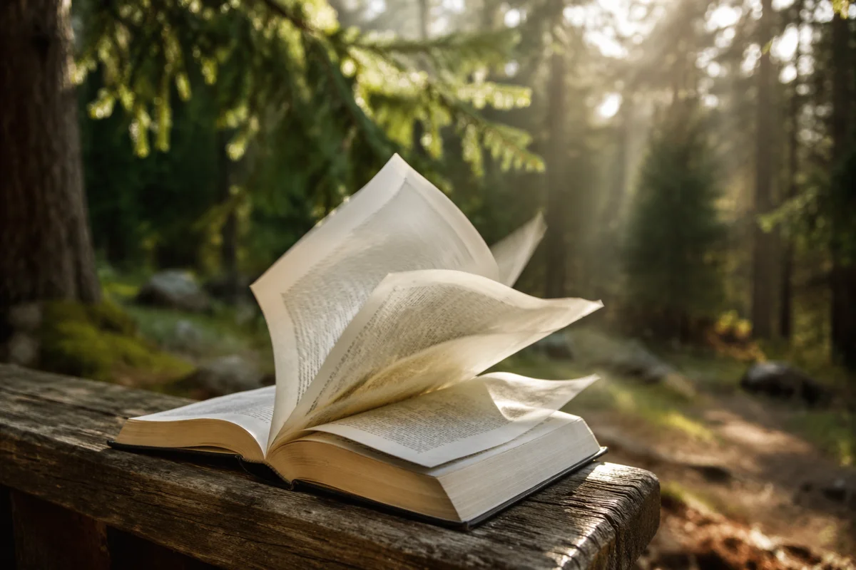 Open Bible Pages Turning in Evergreen Breeze
