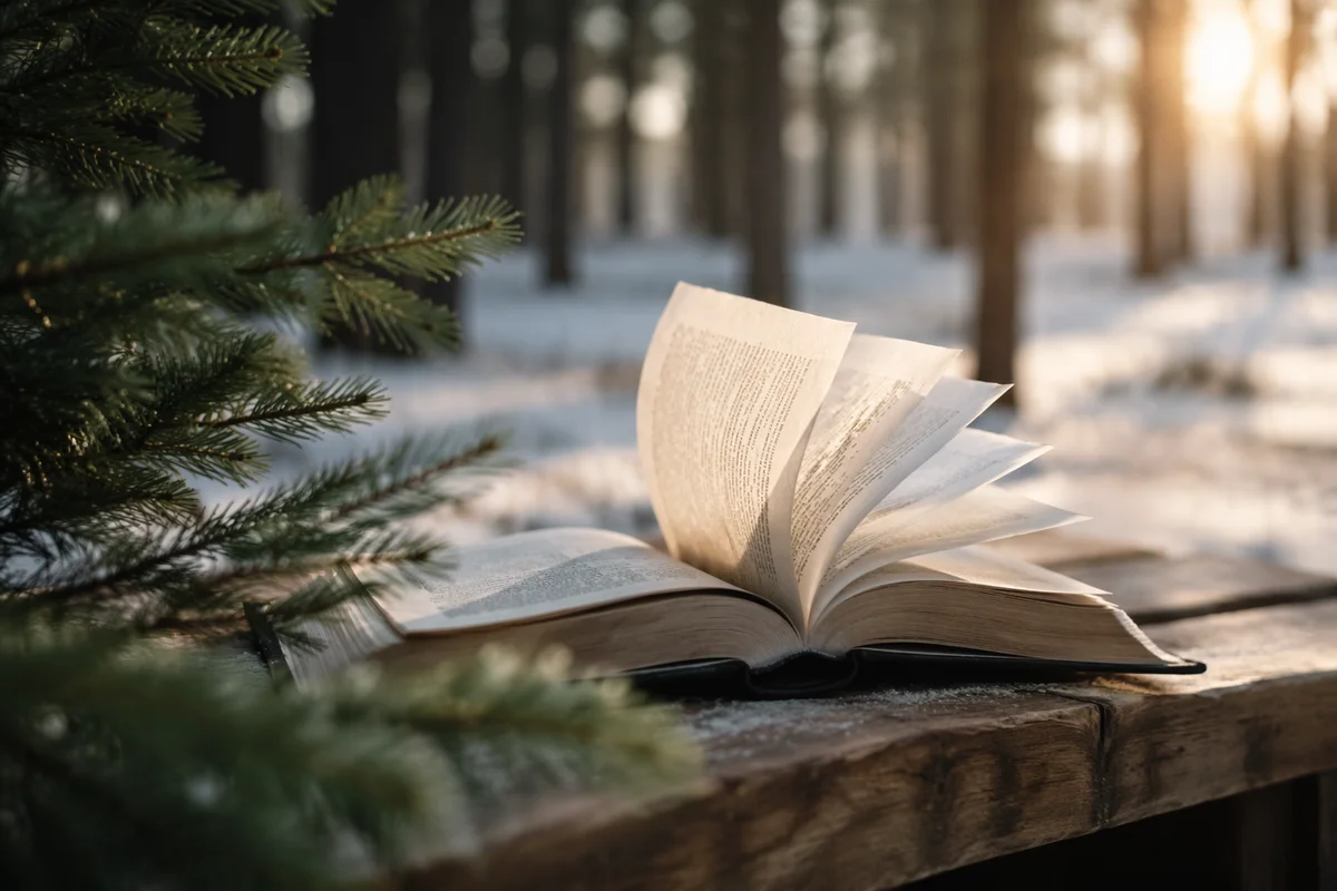 Open Bible Pages Turning in Winter Pine Grove