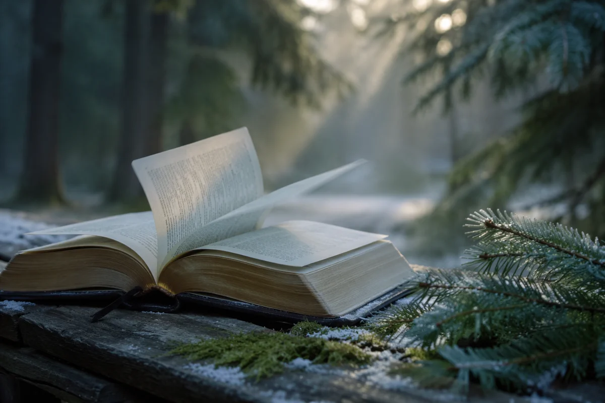 Open Bible Pages Turning in Evergreen Grove