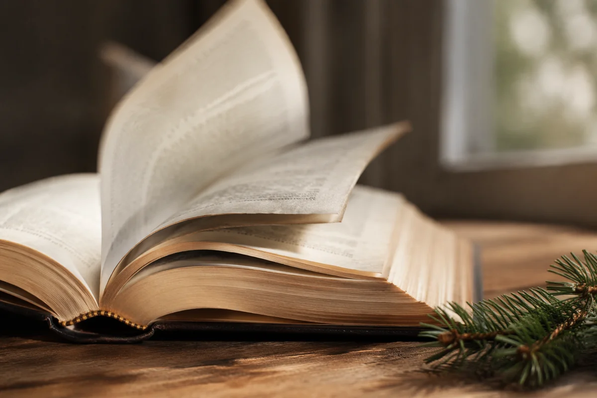 Open Bible Pages Turning in Quiet Breeze