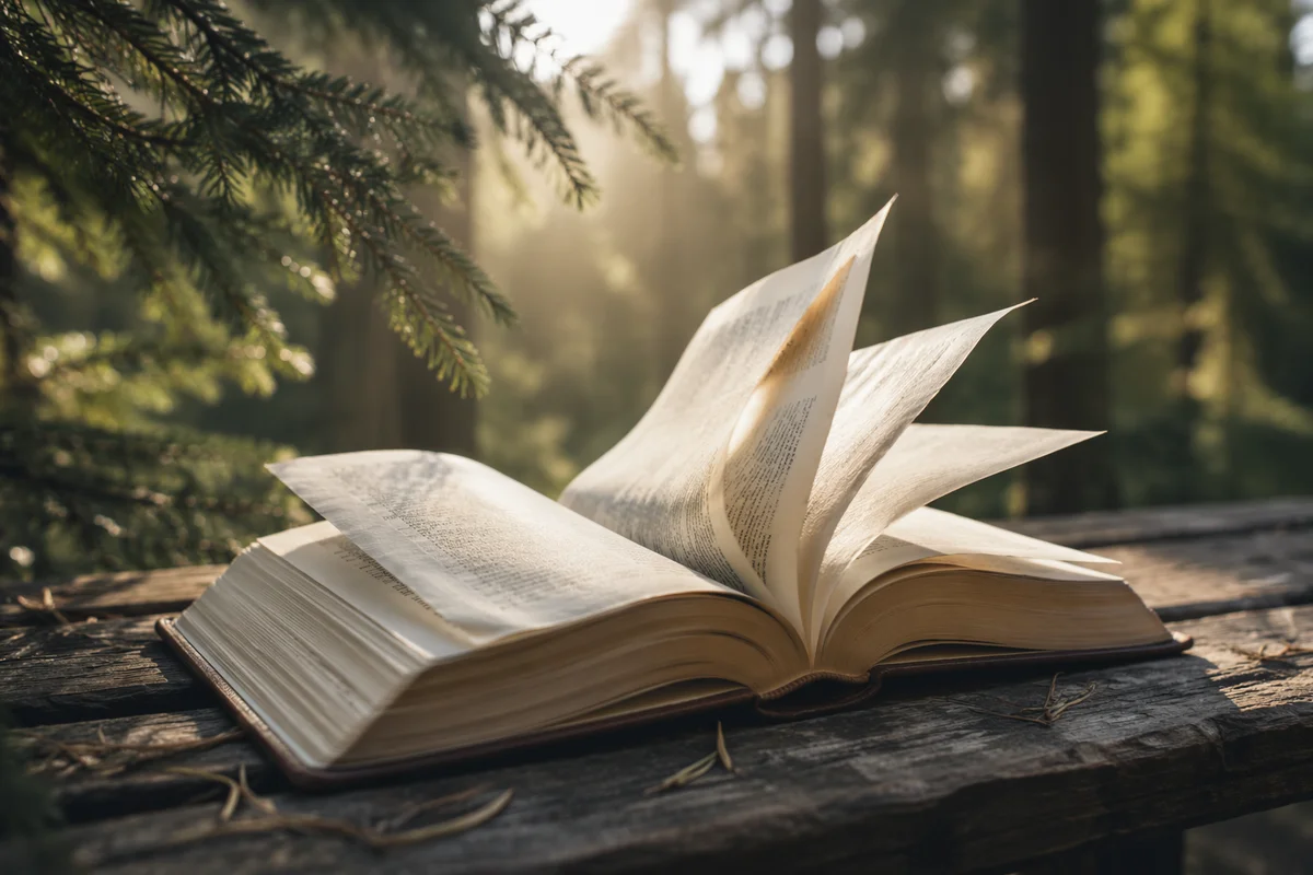 Open Bible Pages in Evergreen Morning