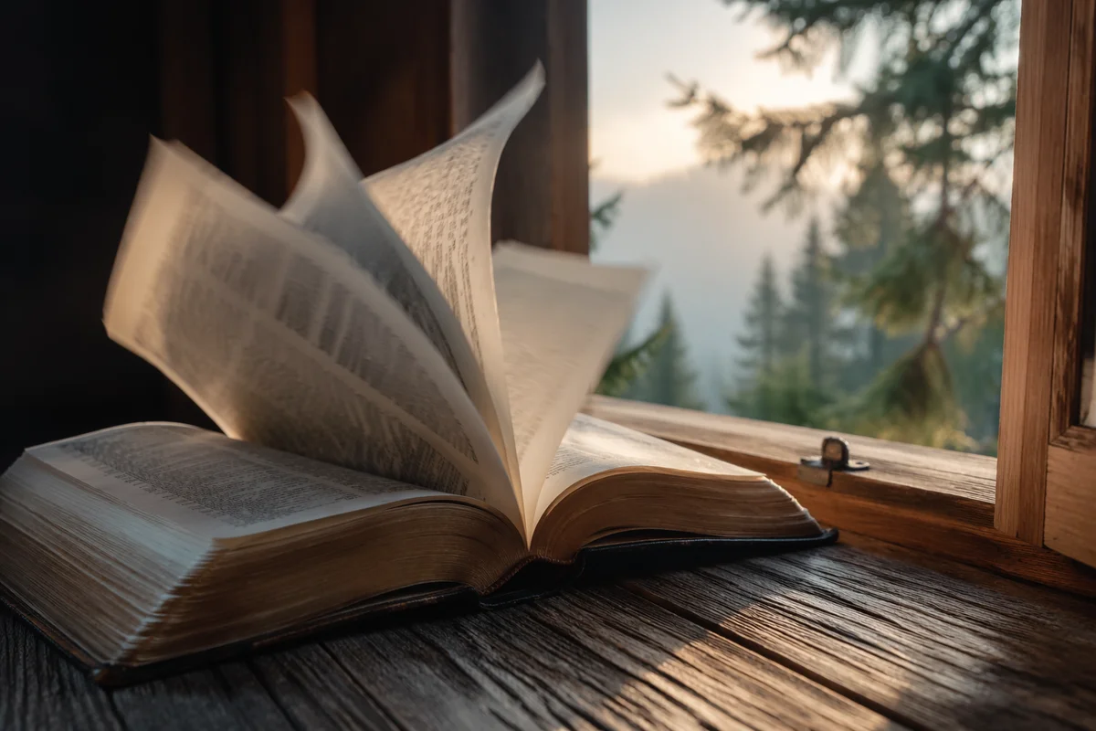 Open Bible Pages Turning in Dawn Breeze