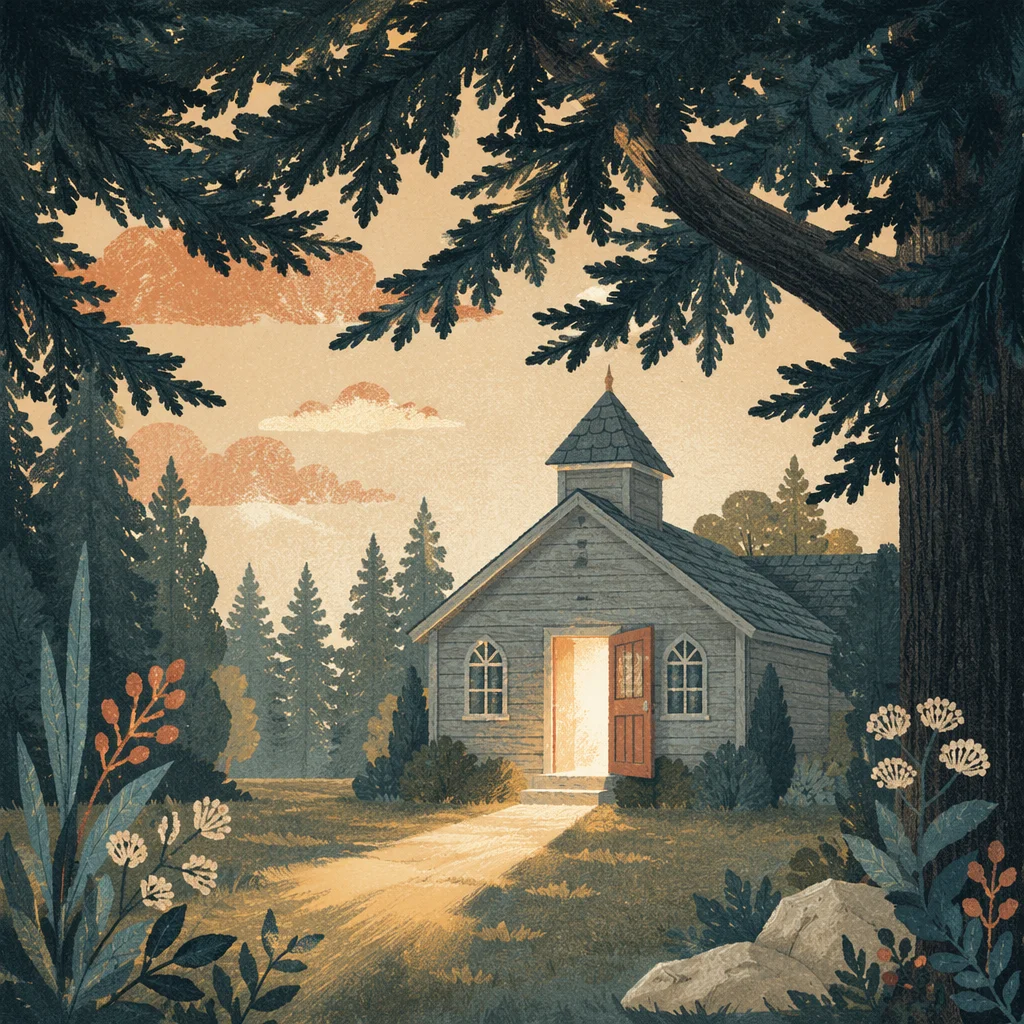 Open Chapel Door Beneath Evergreen Light