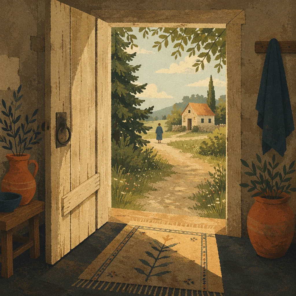 Open Cottage Door with Evergreen Morning Light