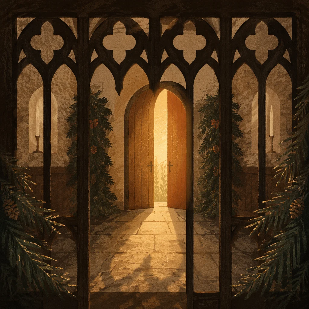 Open Chapel Door with Evergreen Light