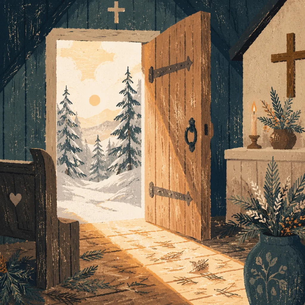 Open Chapel Door With Evergreen Light